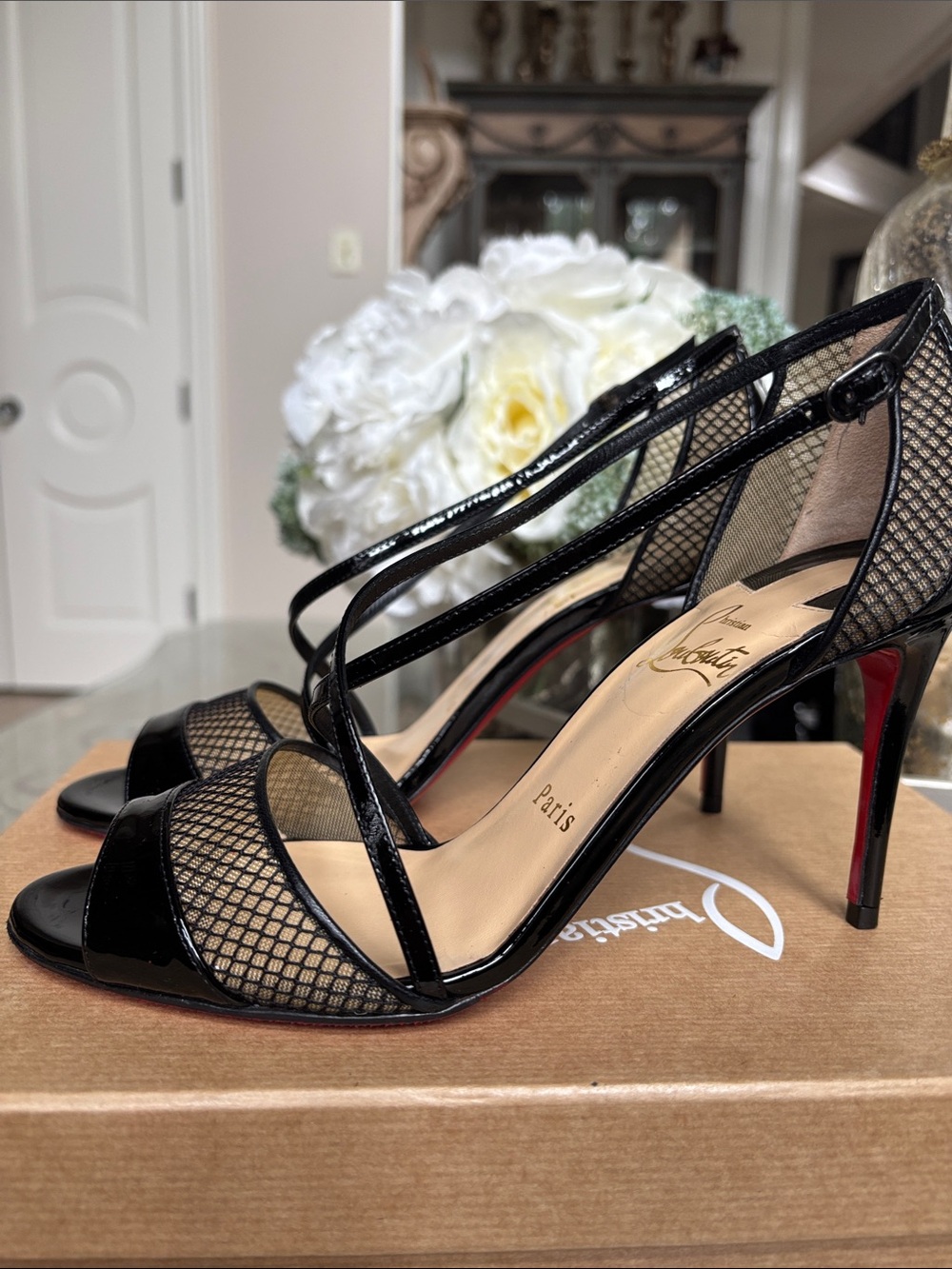 Authentic Christian Louboutin Black Patent & Mesh Crisscross Heels